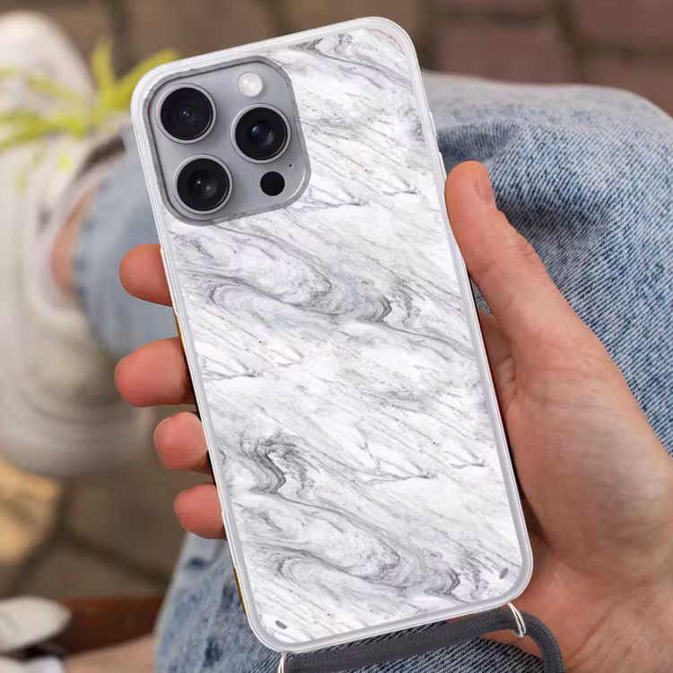 Wervelende - Grijsstructuur - Marmer - Wit Hoesje iPhone 16 Pro Max met koord klein 804 -sfeer3