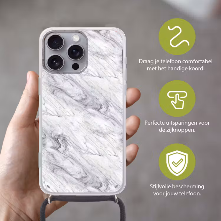 Wervelende - Grijsstructuur - Marmer - Wit Hoesje iPhone 16 Pro Max met koord klein 804 -sfeer2_NL