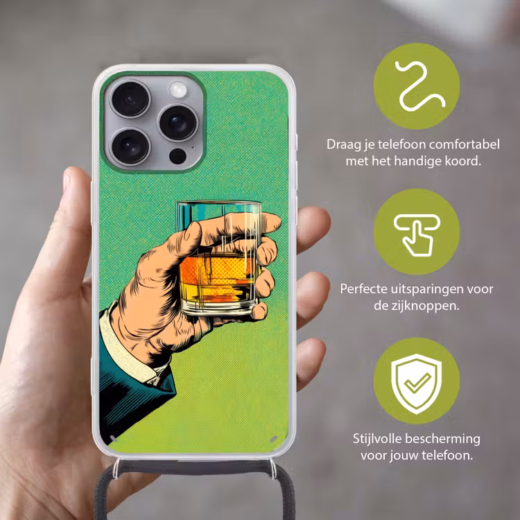 Whisky - Glas - Hand - Groen Hoesje iPhone 16 Pro Max met koord klein -sfeer2_NL