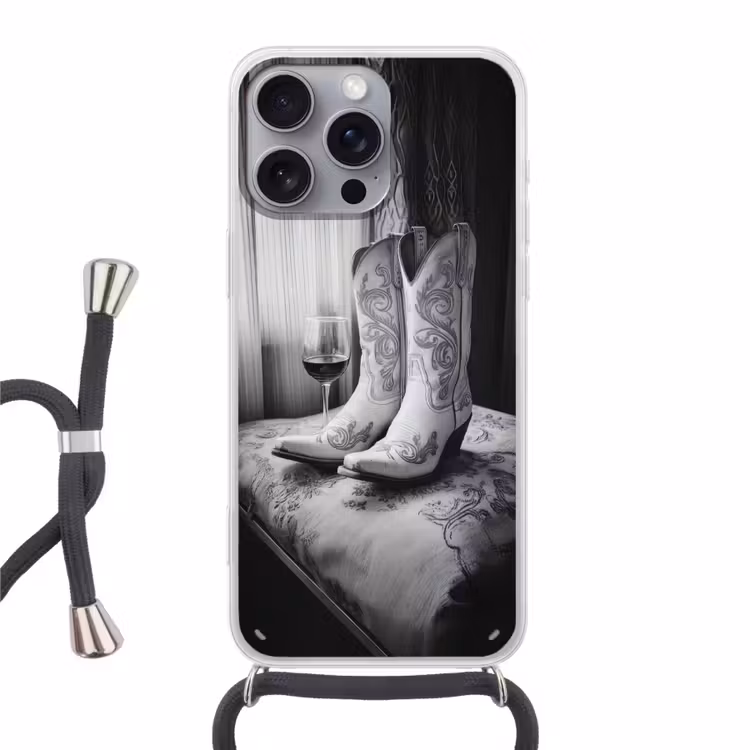 Wijn - Cowboylaarzen - Raamlicht - Wit Hoesje iPhone 16 Pro Max met koord klein -3d