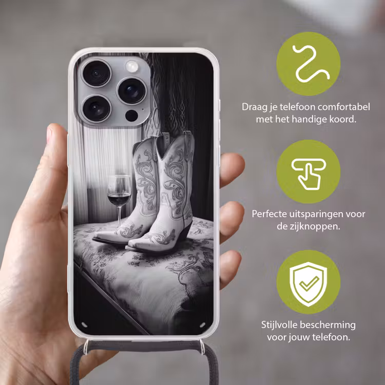 Wijn - Cowboylaarzen - Raamlicht - Wit Hoesje iPhone 16 Pro Max met koord klein -sfeer2_NL