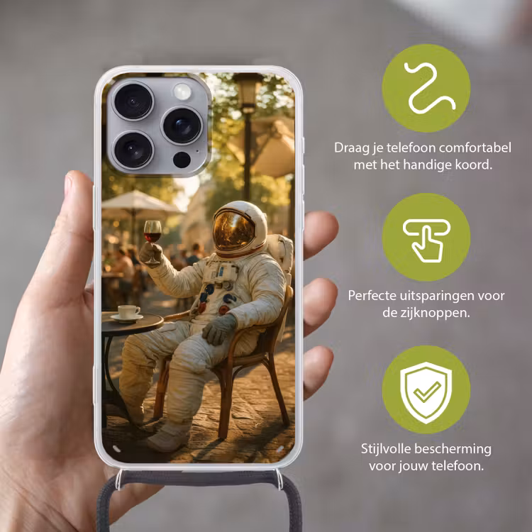 Wijn - Rood - Terras - Koffie Hoesje iPhone 16 Pro Max met koord klein -sfeer2_NL