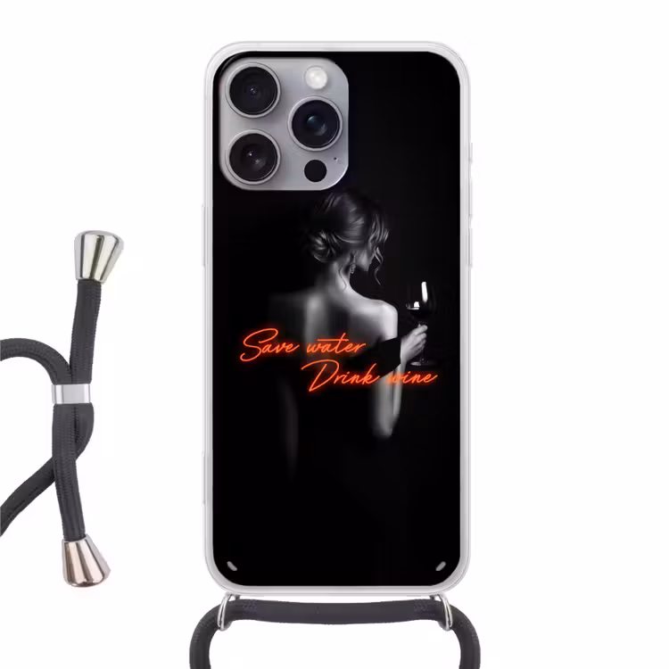 Wijn - Vrouw - Neon - Quote Hoesje iPhone 16 Pro Max met koord klein -3d