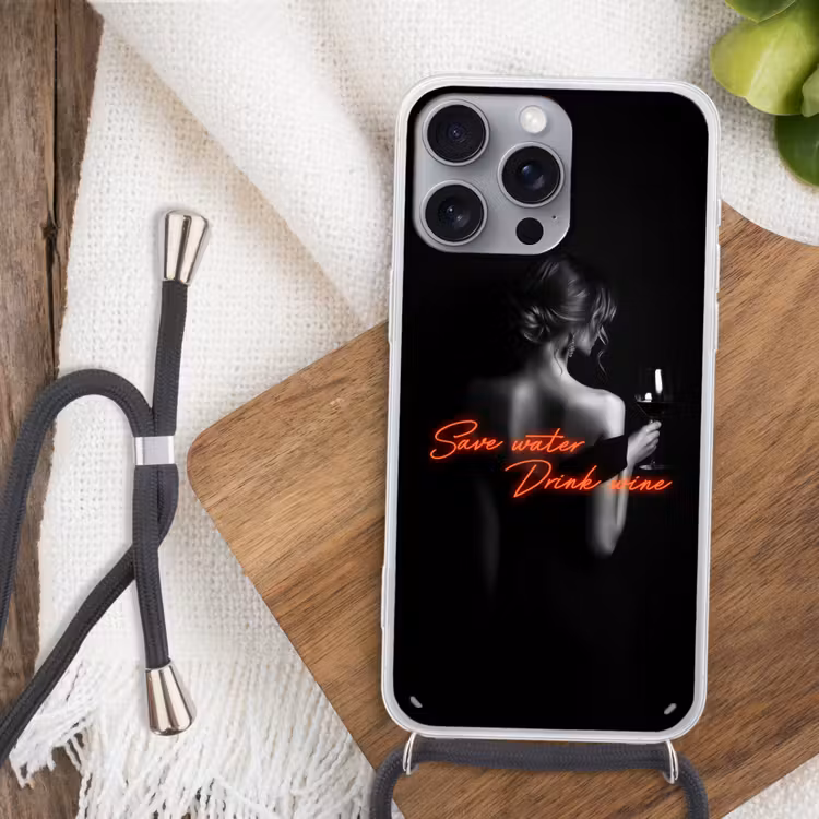 Wijn - Vrouw - Neon - Quote Hoesje iPhone 16 Pro Max met koord klein -sfeer4