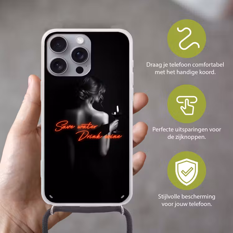 Wijn - Vrouw - Neon - Quote Hoesje iPhone 16 Pro Max met koord klein -sfeer2_NL