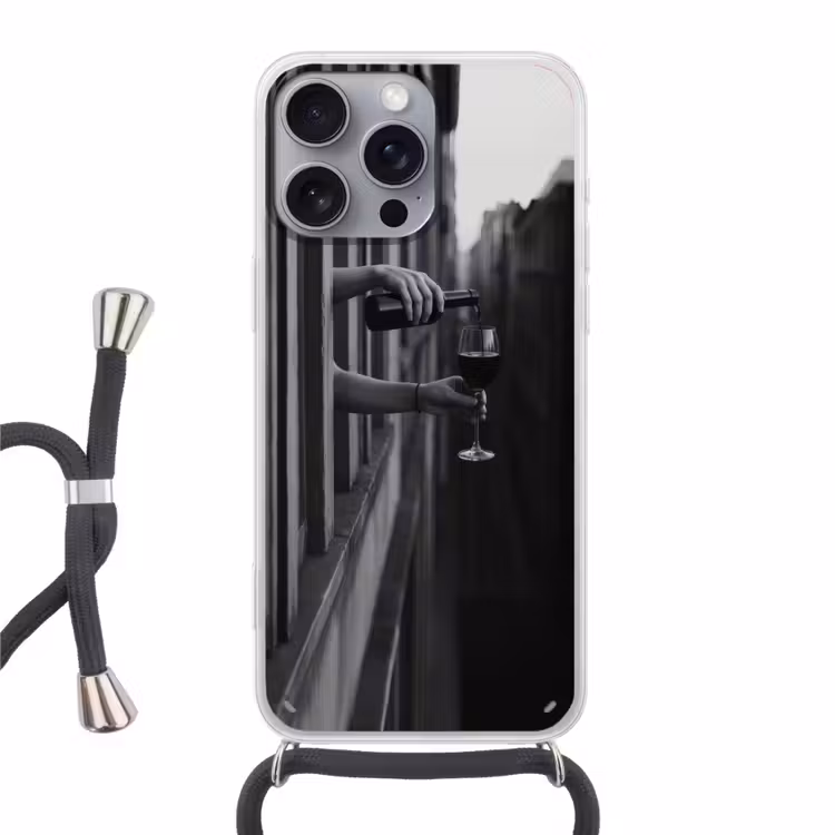 Wijnfles - Glas - Handen - Raam Hoesje iPhone 16 Pro Max met koord klein -3d