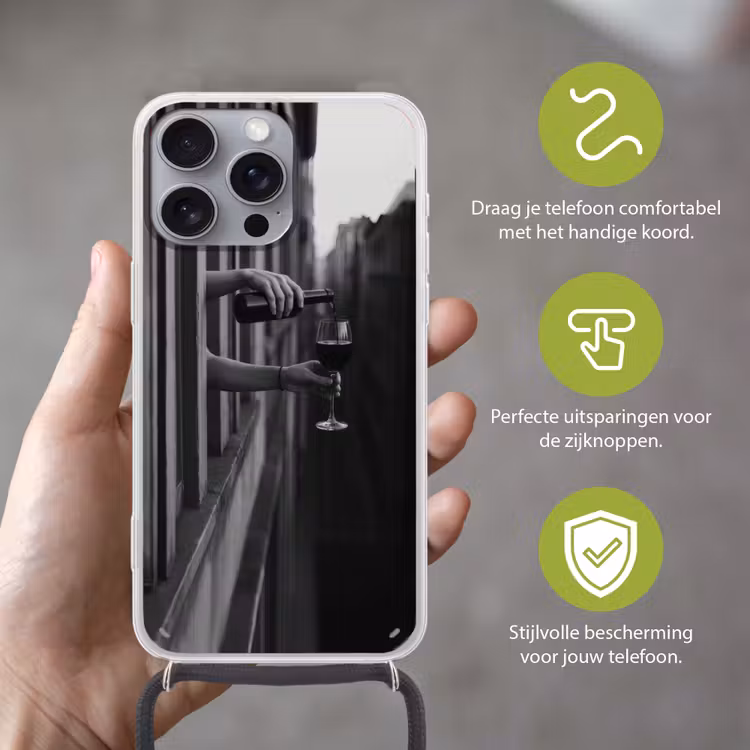Wijnfles - Glas - Handen - Raam Hoesje iPhone 16 Pro Max met koord klein -sfeer2_NL