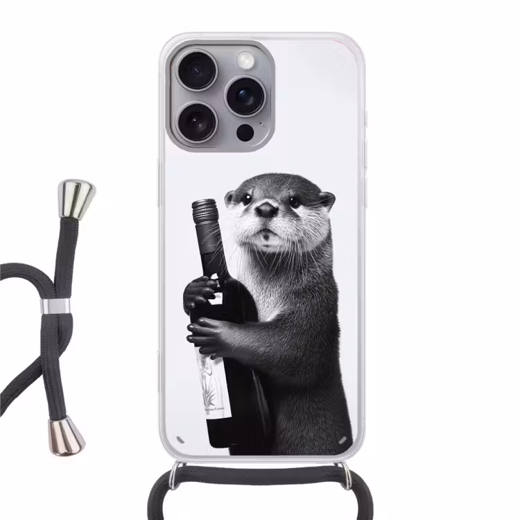 Wijnfles - Otter - Zwart Hoesje iPhone 16 Pro Max met koord klein -3d