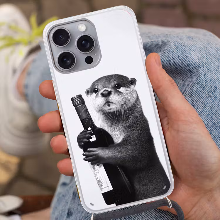 Wijnfles - Otter - Zwart Hoesje iPhone 16 Pro Max met koord klein -sfeer3