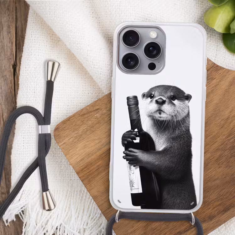 Wijnfles - Otter - Zwart Hoesje iPhone 16 Pro Max met koord klein -sfeer4