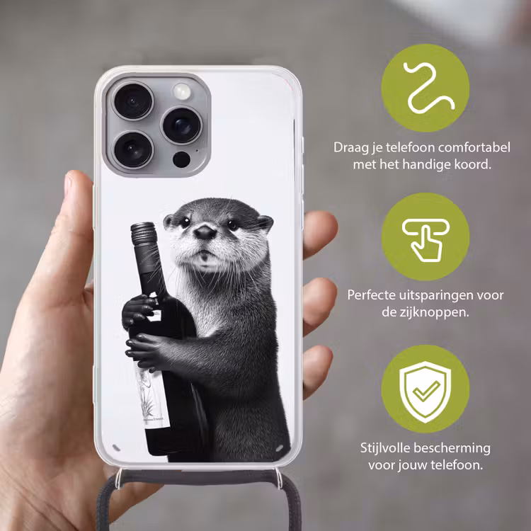 Wijnfles - Otter - Zwart Hoesje iPhone 16 Pro Max met koord klein -sfeer2_NL