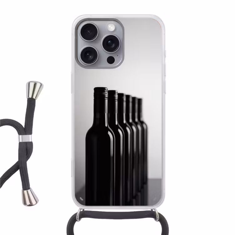 Wijnflessen - Zwart - Minimalistisch Hoesje iPhone 16 Pro Max met koord klein -3d