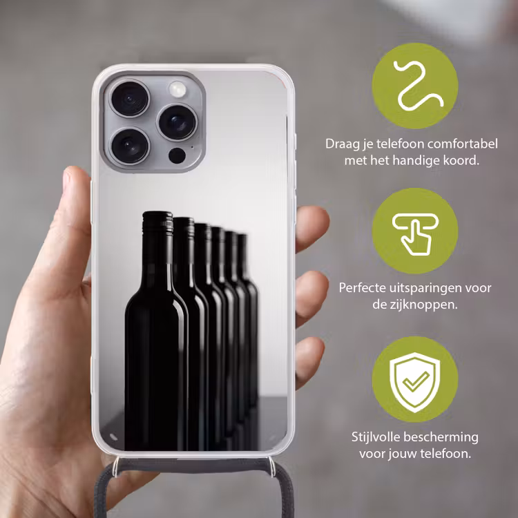 Wijnflessen - Zwart - Minimalistisch Hoesje iPhone 16 Pro Max met koord klein -sfeer2_NL