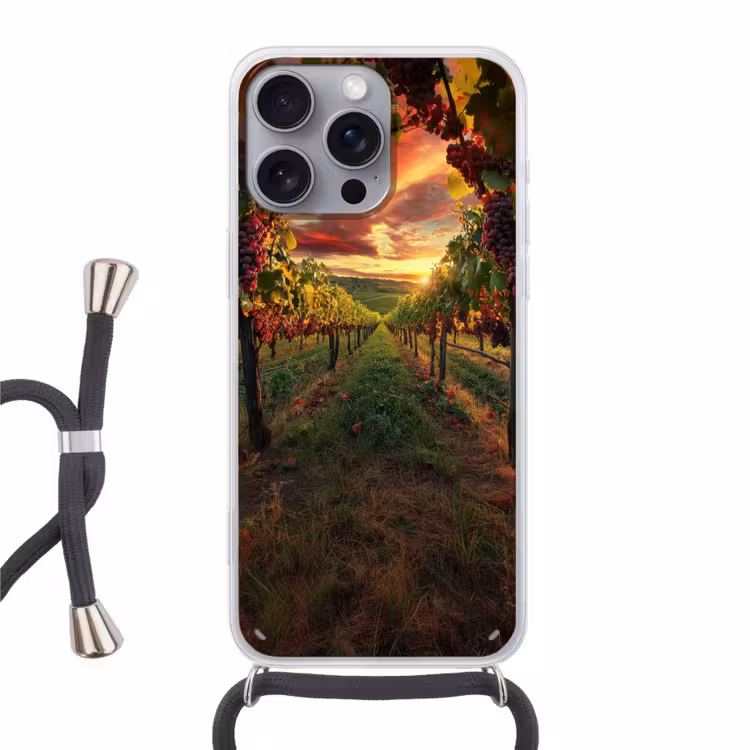 Wijngaard - Druiven - Zonsondergang Hoesje iPhone 16 Pro Max met koord klein -3d