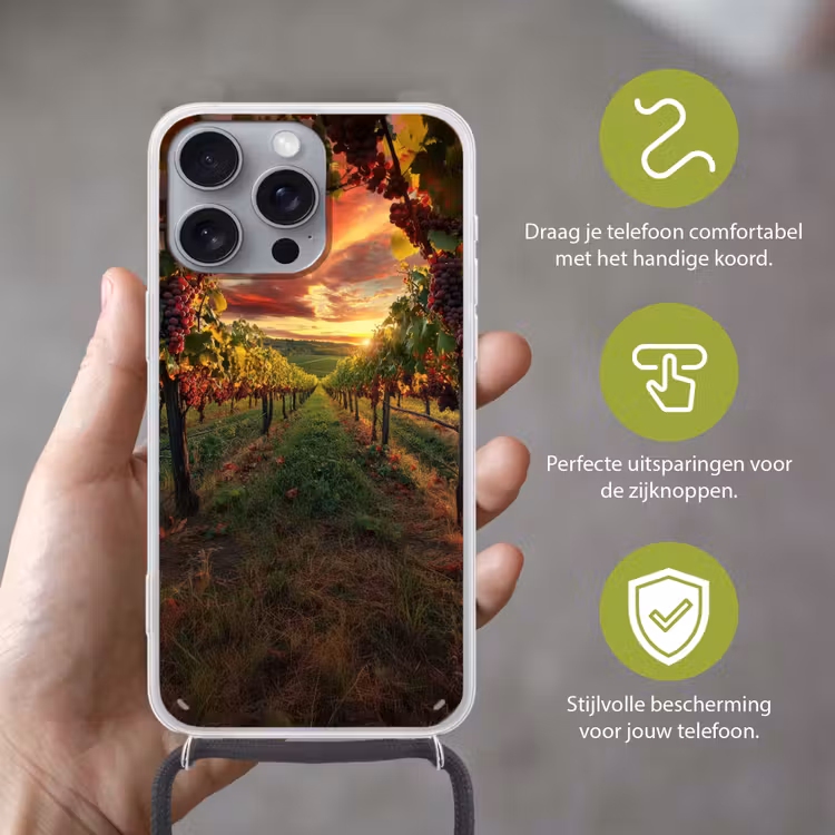 Wijngaard - Druiven - Zonsondergang Hoesje iPhone 16 Pro Max met koord klein -sfeer2_NL
