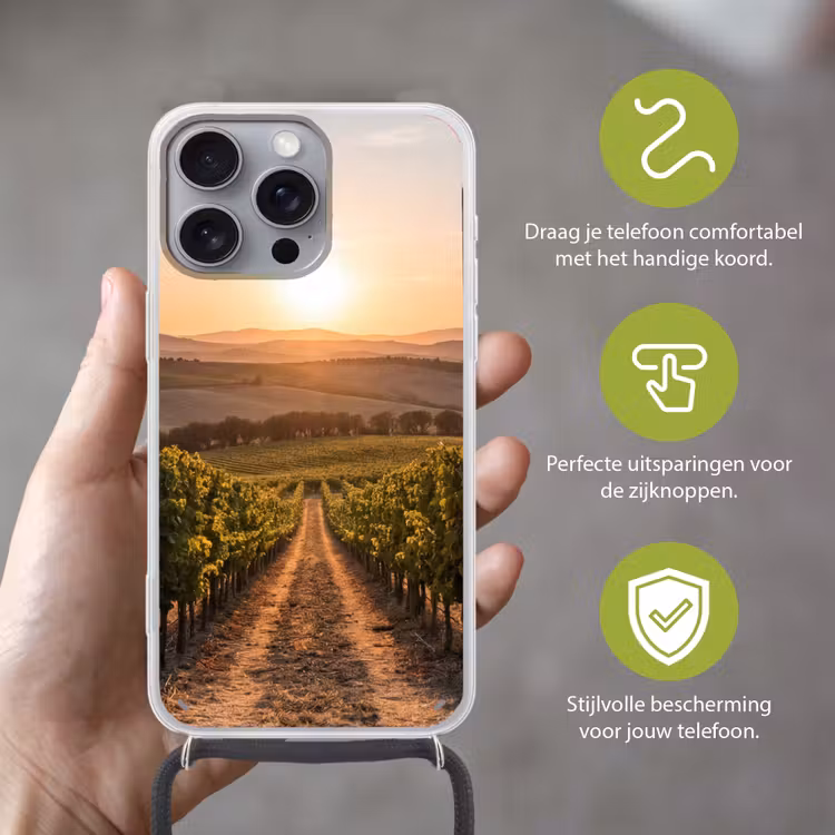 Wijngaard - Zonsondergang - Landschap Hoesje iPhone 16 Pro Max met koord klein -sfeer2_NL