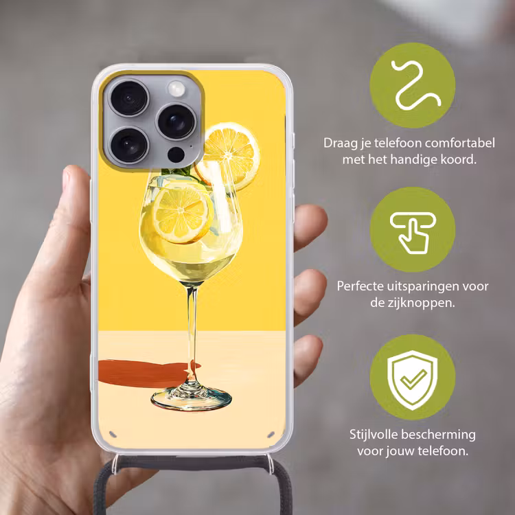 Wijnglas - Citroen - Geel - Minimalistisch Hoesje iPhone 16 Pro Max met koord klein -sfeer2_NL