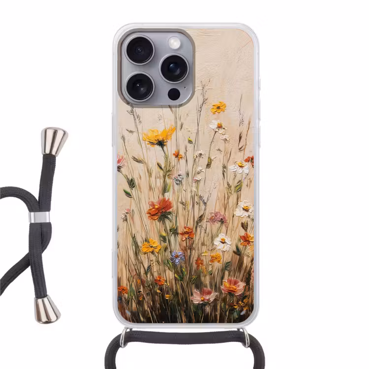 Wilde bloemen - Penseelstreken - Rustgevend Hoesje iPhone 16 Pro Max met koord klein -3d