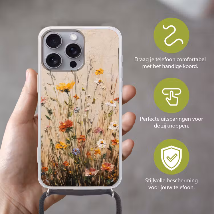 Wilde bloemen - Penseelstreken - Rustgevend Hoesje iPhone 16 Pro Max met koord klein -sfeer2_NL