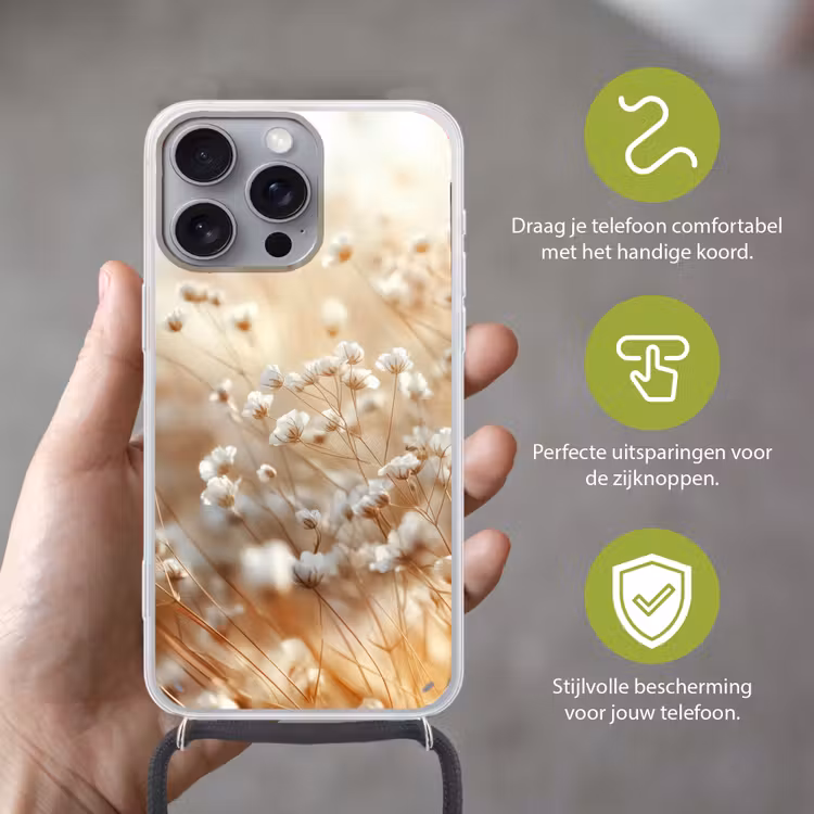 Wilde - Bloemen - Wit Hoesje iPhone 16 Pro Max met koord klein -sfeer2_NL