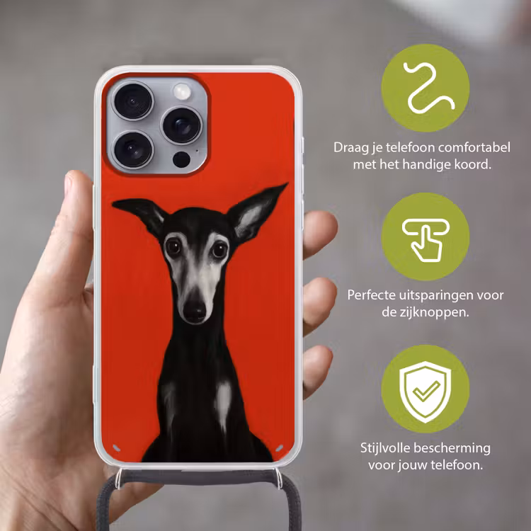 Windhond - Minimalistisch - Rood Hoesje iPhone 16 Pro Max met koord klein -sfeer2_NL