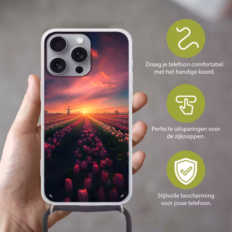 Windmolen - Zonsondergang - Landschap Hoesje iPhone 16 Pro Max met koord klein -sfeer2_NL