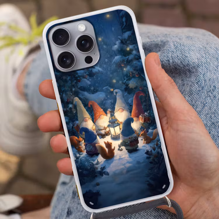 Winter - Gnooms - Eekhoorns - Meerkleurig Hoesje iPhone 16 Pro Max met koord klein -sfeer3