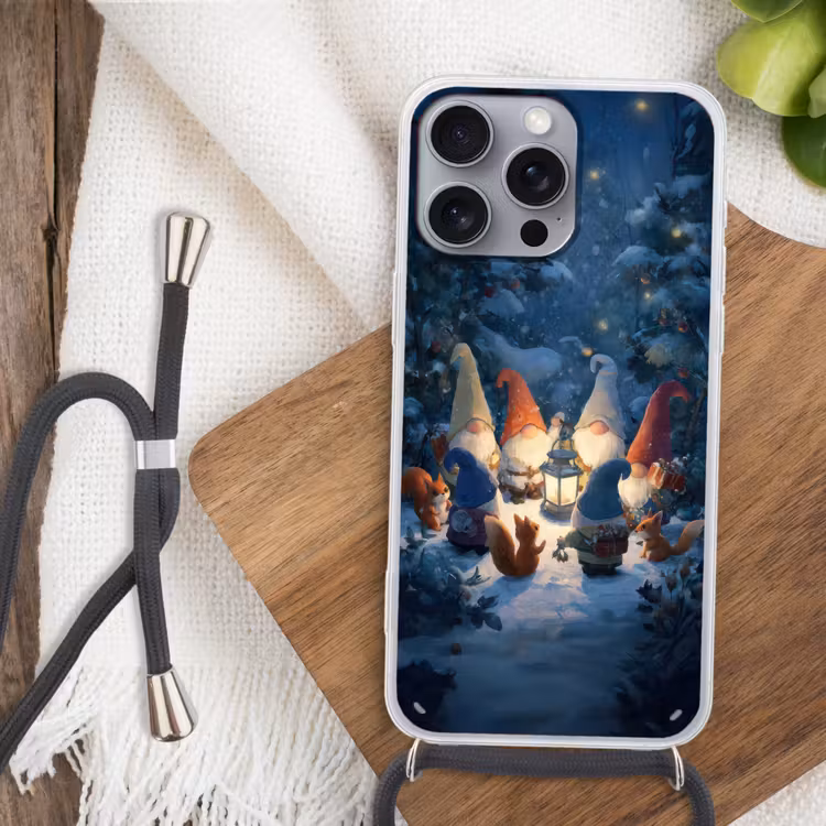 Winter - Gnooms - Eekhoorns - Meerkleurig Hoesje iPhone 16 Pro Max met koord klein -sfeer4