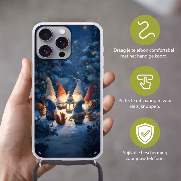 Winter - Gnooms - Eekhoorns - Meerkleurig Hoesje iPhone 16 Pro Max met koord klein -sfeer2_NL