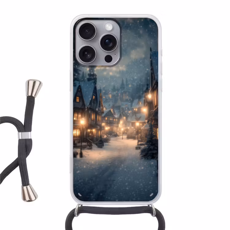 Winterdorp - Sneeuw - Donker Hoesje iPhone 16 Pro Max met koord klein -3d