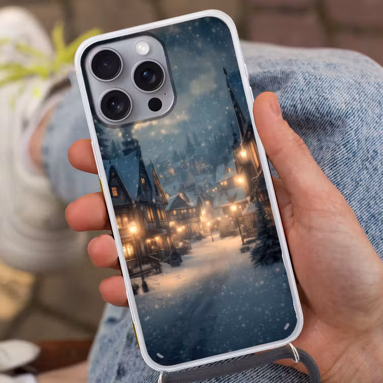 Winterdorp - Sneeuw - Donker Hoesje iPhone 16 Pro Max met koord klein -sfeer3