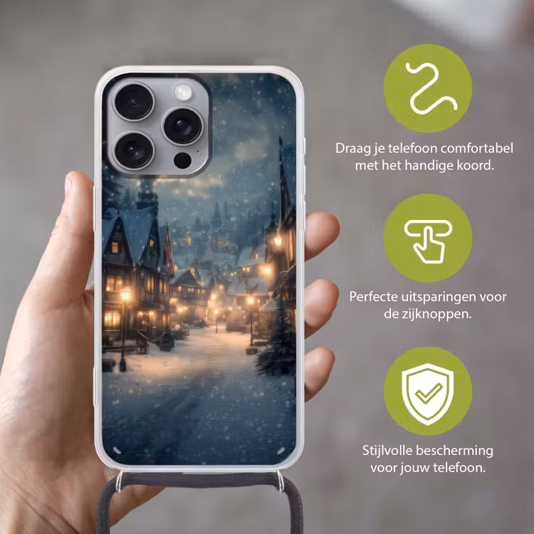 Winterdorp - Sneeuw - Donker Hoesje iPhone 16 Pro Max met koord klein -sfeer2_NL