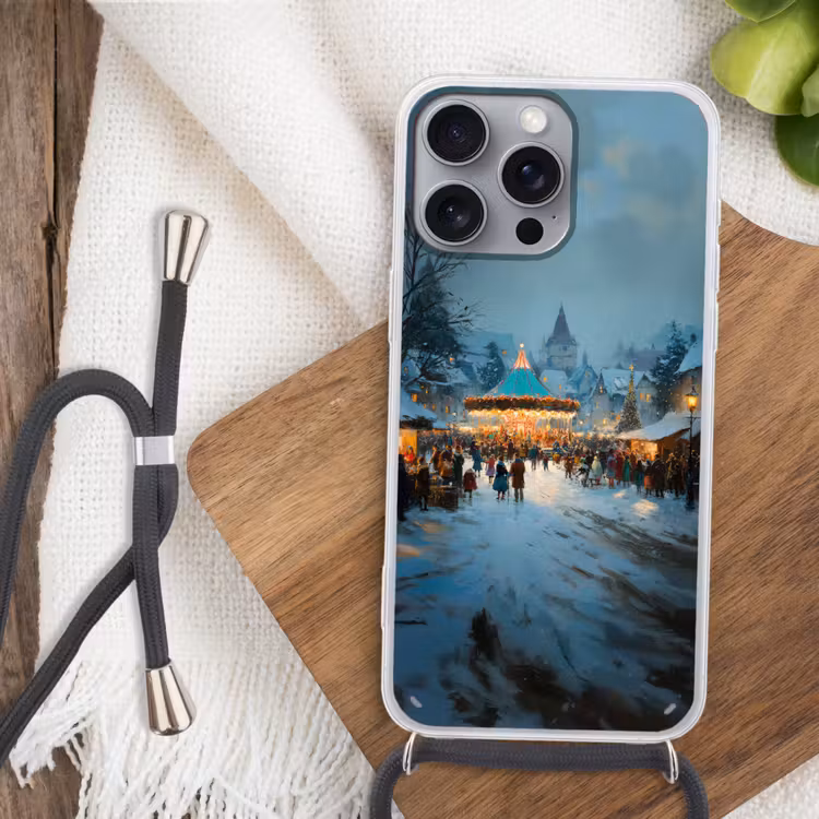 Winterkermis - Dorp - Kleurrijk Hoesje iPhone 16 Pro Max met koord klein -sfeer4