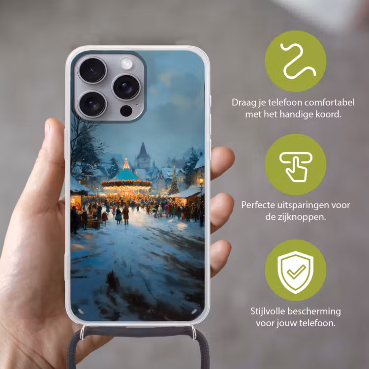 Winterkermis - Dorp - Kleurrijk Hoesje iPhone 16 Pro Max met koord klein -sfeer2_NL