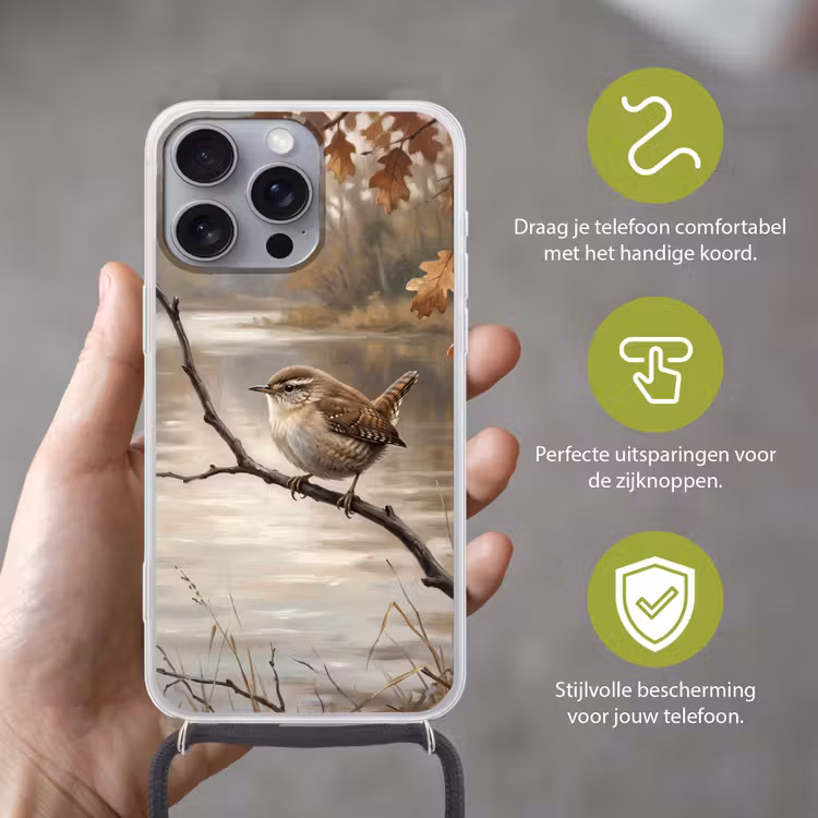 Winterkoninkje - Tak - Rivier - Natuur - Sfeervol Hoesje iPhone 16 Pro Max met koord klein -sfeer2_NL