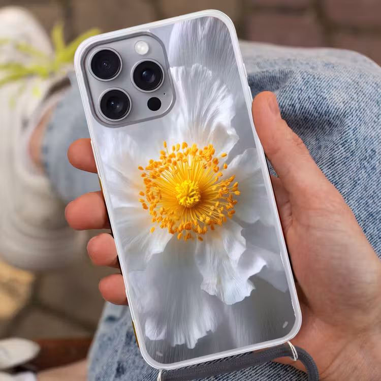 Wit - Bloem - Elegant Hoesje iPhone 16 Pro Max met koord klein -sfeer3