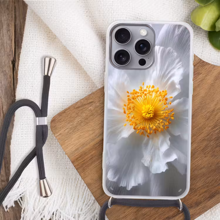 Wit - Bloem - Elegant Hoesje iPhone 16 Pro Max met koord klein -sfeer4
