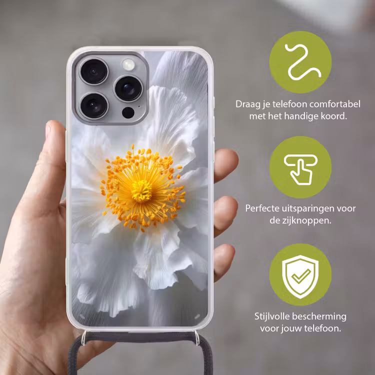 Wit - Bloem - Elegant Hoesje iPhone 16 Pro Max met koord klein -sfeer2_NL