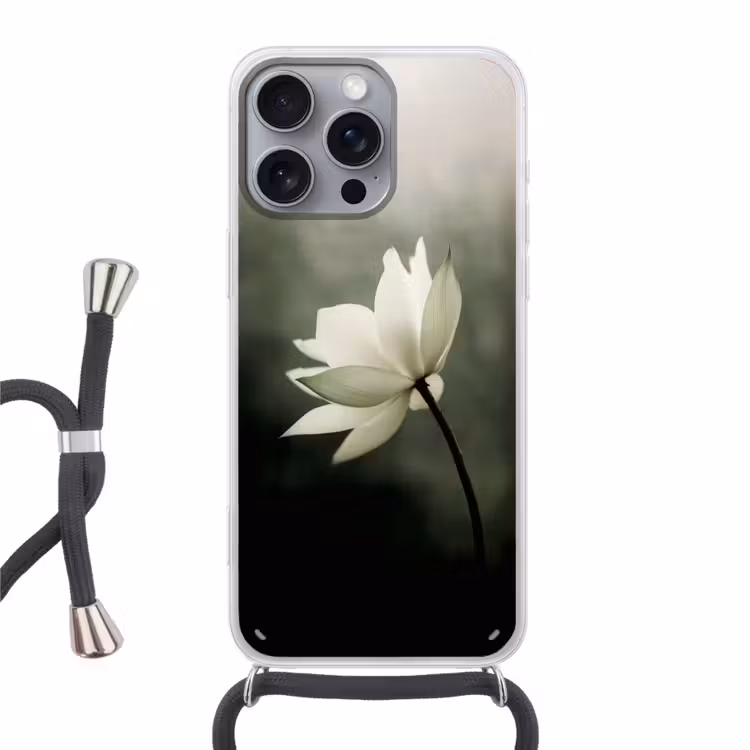 Wit - Lotus - Donker - Bloem Hoesje iPhone 16 Pro Max met koord klein -3d