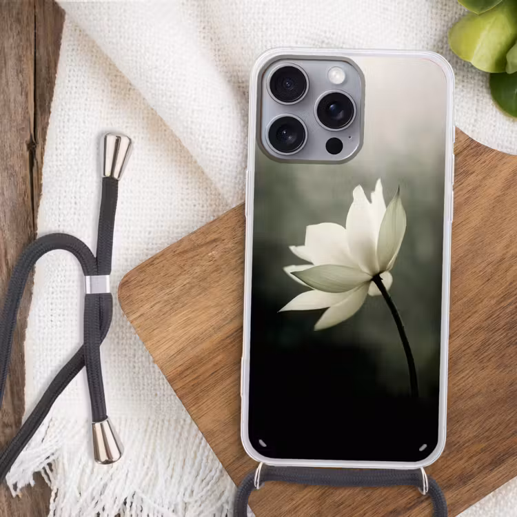 Wit - Lotus - Donker - Bloem Hoesje iPhone 16 Pro Max met koord klein -sfeer4