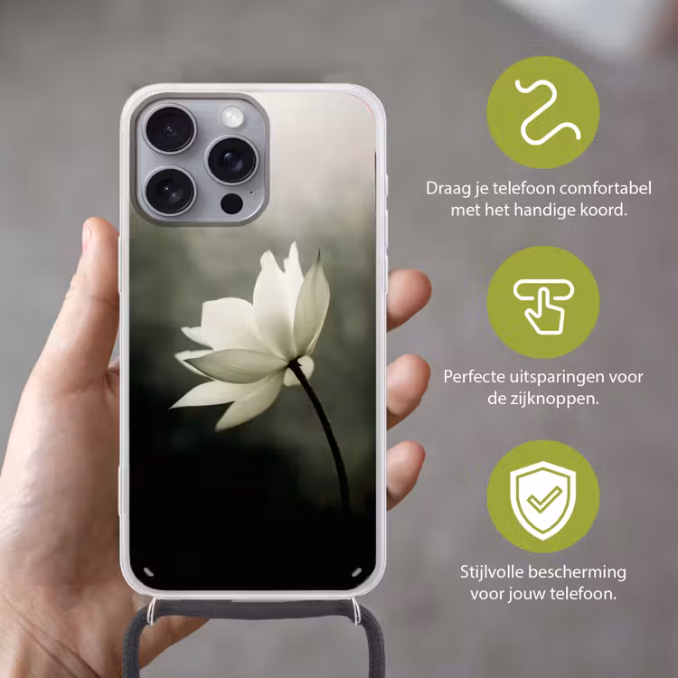 Wit - Lotus - Donker - Bloem Hoesje iPhone 16 Pro Max met koord klein -sfeer2_NL