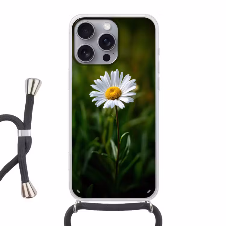 Wit - Madeliefje - Bloem - Gras Hoesje iPhone 16 Pro Max met koord klein -3d