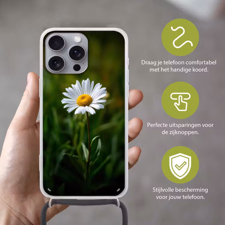 Wit - Madeliefje - Bloem - Gras Hoesje iPhone 16 Pro Max met koord klein -sfeer2_NL