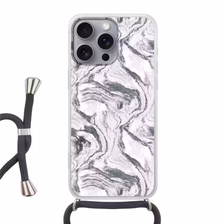 Wit - Marmer - Golvend - Grafiet Hoesje iPhone 16 Pro Max met koord klein 804 -3d