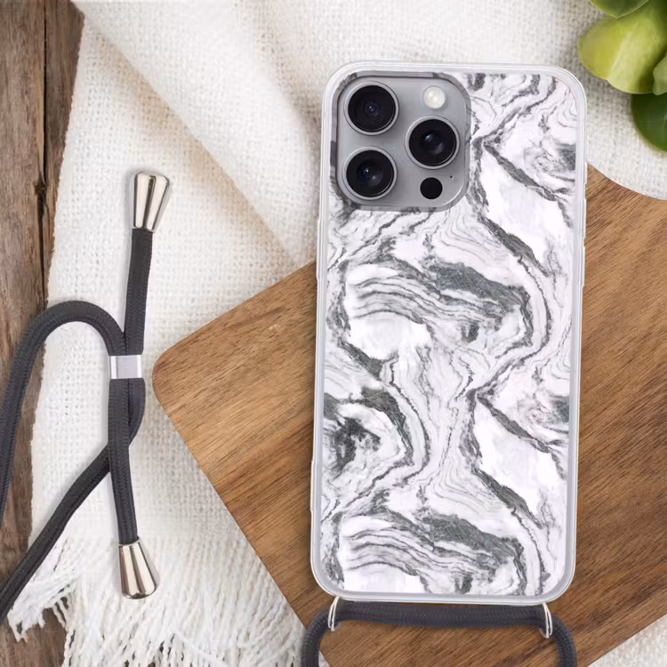 Wit - Marmer - Golvend - Grafiet Hoesje iPhone 16 Pro Max met koord klein 804 -sfeer4