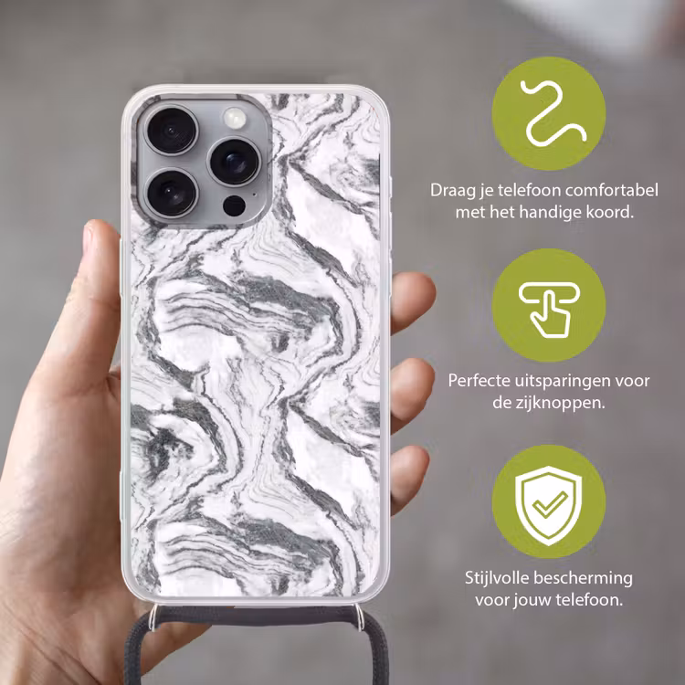 Wit - Marmer - Golvend - Grafiet Hoesje iPhone 16 Pro Max met koord klein 804 -sfeer2_NL