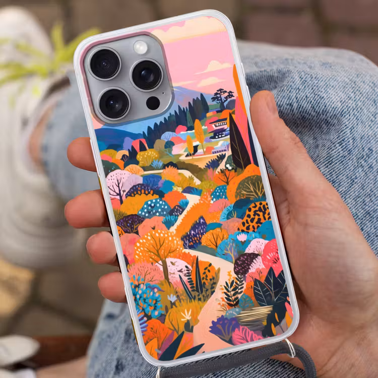 Witte bergtop - Modern - Kleurrijk Hoesje iPhone 16 Pro Max met koord klein -sfeer3