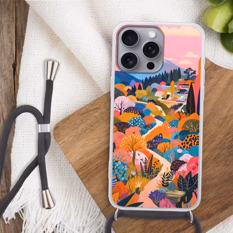 Witte bergtop - Modern - Kleurrijk Hoesje iPhone 16 Pro Max met koord klein -sfeer4