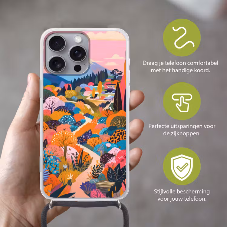 Witte bergtop - Modern - Kleurrijk Hoesje iPhone 16 Pro Max met koord klein -sfeer2_NL