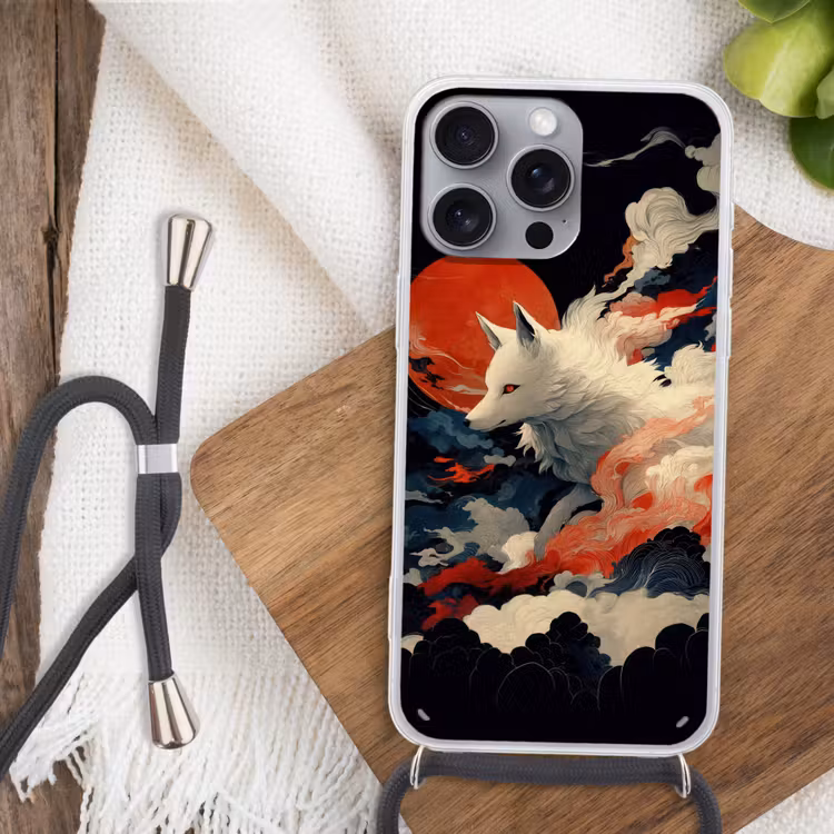 Witte vos - wolken - maan Hoesje iPhone 16 Pro Max met koord klein -sfeer4